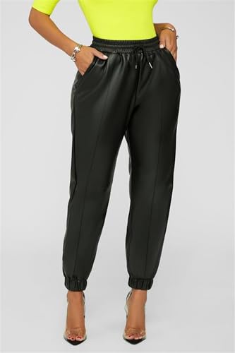Women's Faux Leather Jogger Pant Casual Elastic Mid Waist Drawstring Joggers Wide Leg PU Leather Trousers3