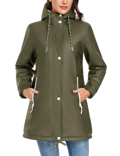 Vancavoo Wintermantel Damen Winterjacke Warm Gefüttert Wasserdicht Atmungsaktiv Regenmantel Übergangsjacke Winter Windbreaker Jacke Mantel Outdoorjacke mit Kapuze,Militärgrün,L