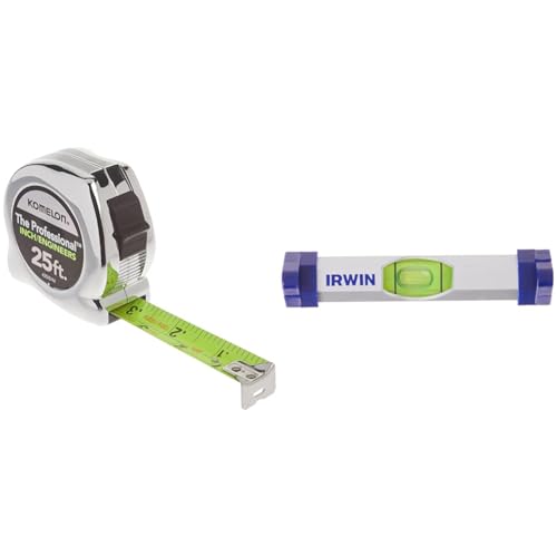 Komelon 425IEHV High-Visibility Professional Tape Measure Bother Inch and Engineer Scale Printed 25-Feet by 1-Inch, Chrome & Irwin 1794484 Aluminum Line Level, Silver