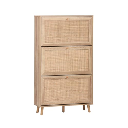 sweeek-Zapatero de caña con 3 cajones Estilo Natural Natural - 75x26x131 cm