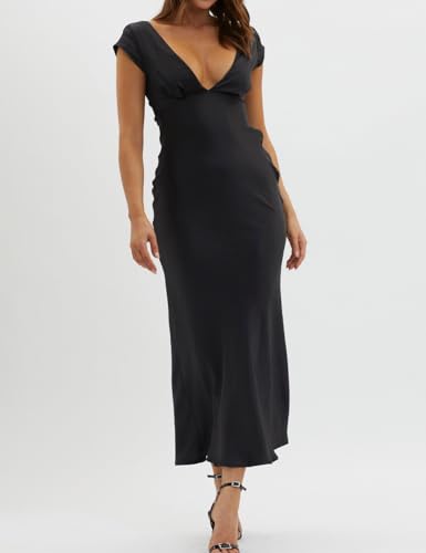 Image of Halfisland Womens Summer Satin V Neck Cap Sleeve Midi Dress Wedding Guest | 2026 Summer,Backless,Hollow Out,Long,Formal,Cocktail,Twist,Bridesmaid,Party,Baby Shower,Short Sleeve,Beach,Elegant,Evening