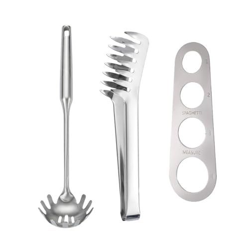 Set di 3 posate per spaghetti, 3 pezzi, cucchiaio per pasta in acciaio inox con denti e pinza per pasta da 22,9 cm, strumento di misurazione per spaghetti in acciaio inox a 4 fori, per pasta e noodle