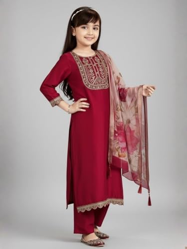 Image of Girls Ethnic Embroidered Silk Kurta Pant and Jacquard Dupatta Set | Kids Salwar Suit | three piece Traditional Outfit