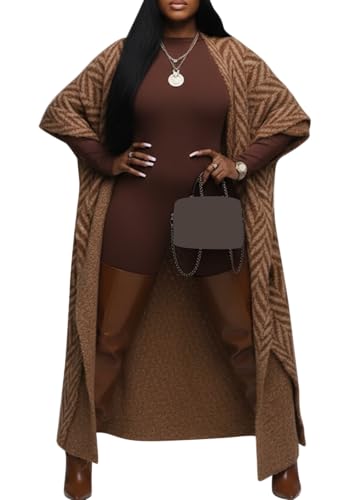 Seltaon Women Long Cardigan Sweaters Oversized Chunky Knit Winter Striped Open Front Sweater Cardigans Outerwear Trendy Brown