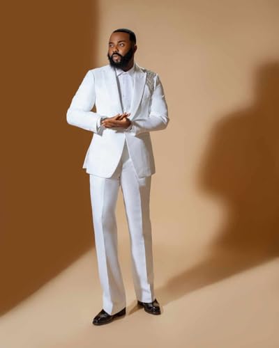 Men's Luxury White Two-Piece Wedding Suit with Crystal Embellished Shoulder, Peak Lapel, Formal Evening Tuxedo2