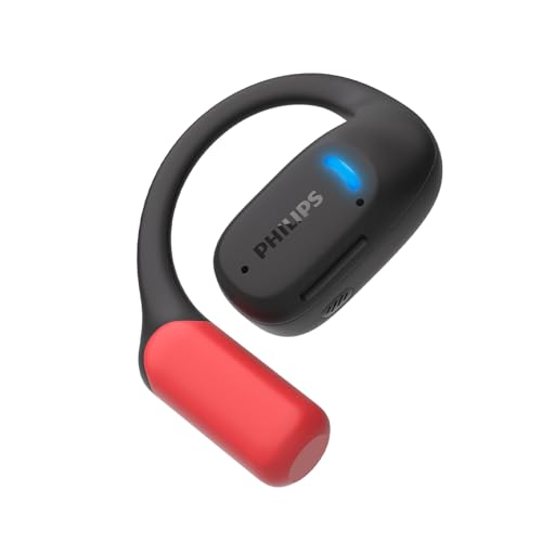 Philips TAA6709 True Wireless Air Conduction Open Ear Sports 5.3 Bluetooth Headphones, 28 Hours Playtime, IP55 Dust/Water Protection, Slimline Charging Case - Red and Black