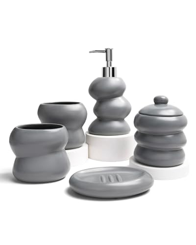 ANTIS'S HOME Keramik Badezimmer Set 5-teilig – Unregelmäßige Form, minimalistisches Bad-Accessoires Set mit Seifenspender, Zahnputzbecher, Seifenschale & Wattestäbchenbehälter in Grau