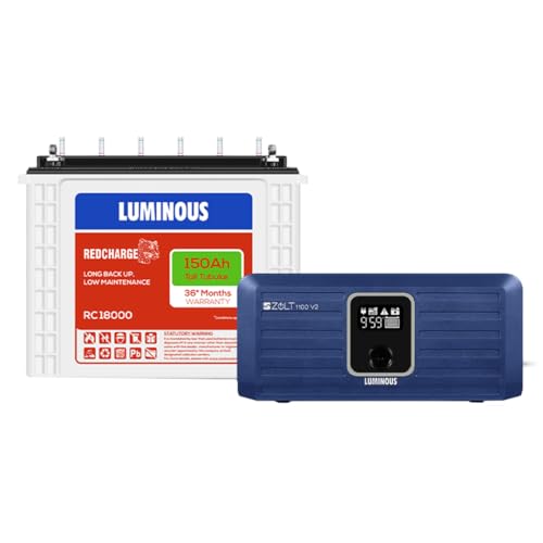 Luminous Inverter & Battery Combo for Home, Shop & Office – Zolt 1100 (900VA/12V) Pure Sine Wave Inverter + RC18000 150Ah Tall Tubular Battery | 36M Warranty on Inverter & Battery Luminous Inverter & Battery Combo for Home, Shop & Office – Zolt 1100 (900VA/12V) Pure Sine Wave Inverter + RC18000 150Ah Tall Tubular Battery | 36M Warranty on Inverter & Battery