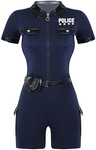 Womens Police Officer Costume Short Sleeve Jumpsuit with Belt Purse Policewoman Cop Outfits