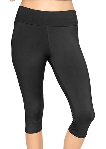 STRETCH IS COMFORT Women's Cotton Foldover Knee Length Leggings Black Large