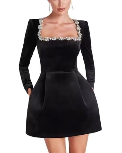 Wirunsy Crystal Square Neck Long Sleeve Short Wedding Dresses for Brides Fall Winter Velvet Beaded Mini Bridal Shower Gown Christmas Party Dress with Pockets Black 10