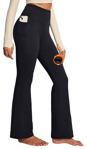IUGA Fleece Lined Pants Women Thermal Flare Leggings Winter Warm Bootcut Workout Yoga Pants Women with Pockets High Waisted Black