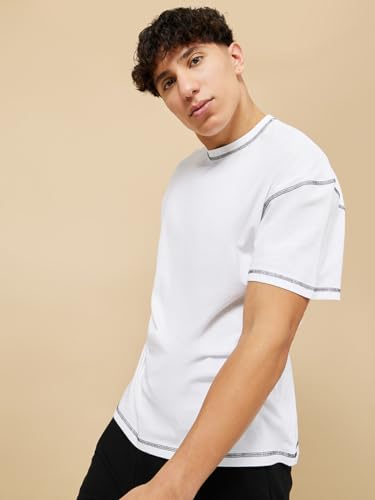 Image of Men's Oversized Crew Neck T-Shirt | Premium Cotton Blend | Contrast Stitch Detail | Half Sleeve Casual Solid Tee for Men