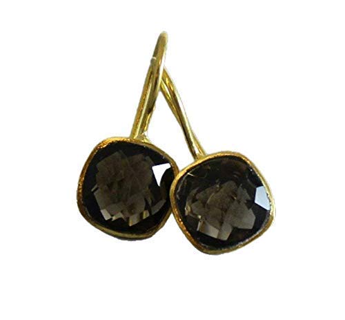 Smoky Quartz Cushion Cut Gold Plated Sterling Silver Drop Earrings - Natural Gem Gemstone - Birthday Mother's Day Gift - Brown Stone - Handmade Jewellery Gift Ideas for Women (smoky-quartz)