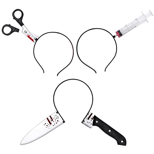 ROSAUI Halloween Kostüm Accessoire Set 3 Stück Horror Haarreif Schere Messer Syringe im Kopf Stirnbänder für Erwachsene Damen mädchen herren kinder Halloween Party Cover