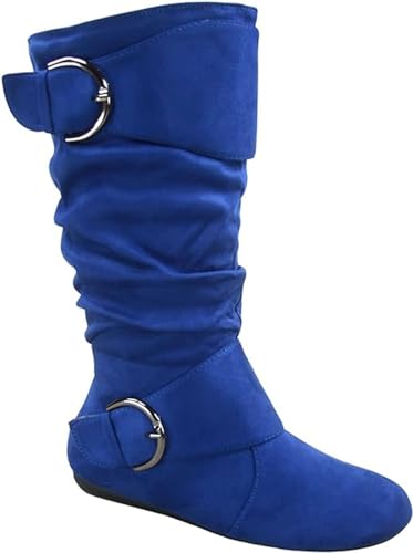 Image of Forever Link Women's Klein-70 Closed Round Toe Buckle Slouch Flat Heel Mid-Calf Boot