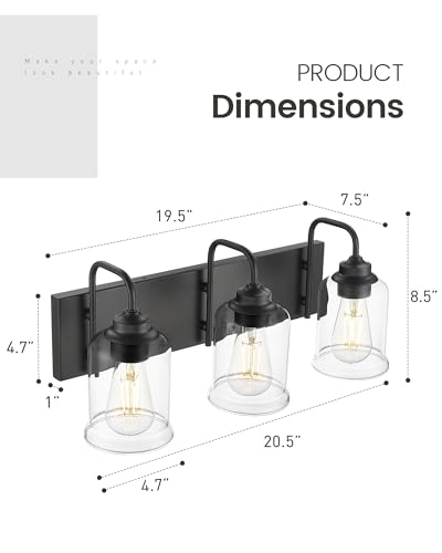 Image of zeyu Black Bathroom Vanity Light, 20.5 Inch Bathroom Light Fixtures Over Mirror, 3-Light Modern Wall Sconces with Clear Glass Shade, ZSL72B-3W BK