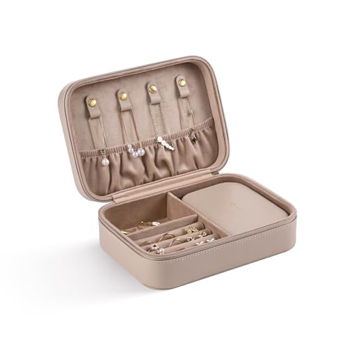 BIQI MUSSE Travel Jewelry Box, Medium Size Jewelry Organizer Box, Removable Jewelry Pouch, Large Capacity, Earrings Necklaces Bracelets Rings Storage, Light Taupe