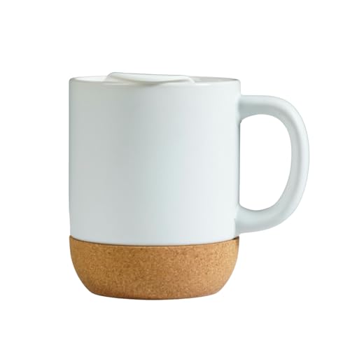 Image of Matte White Ceramic Coffee Mug with Cork Base & Spill-Proof Lid | 350 ml Office & Home Coffee Cup | Mug for Hot & Cold | Anti-Slip Wood Bottom Tea for Desk, Travel & Gifting