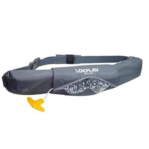 LOKFLAV Manual Inflatable Belt PFD for Adults with CO2 Cartridge, Fits Waist 30-52 in, Weight 80-330 Ibs, 130N Buoyancy, Ideal for Kayaking, Fishing, Sailing and All Recreational Water Sports （Gray）
