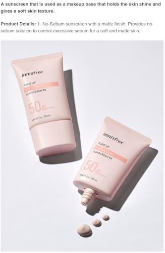 Image of Innisfree Tone Up No Sebum Tinted Sunscreen 60ml with SPF 50+ PA++++ | Oil Control & Matte Finish, UV Protection, Clean Formula | Korean Sunscreen for Oily Skin, Non-Greasy, Sweat-Resistant