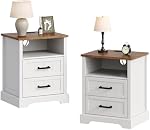 ChooChoo Farmhouse Night Stands with Charging Station, Wood Nightstand Set of 2 with 2 Drawers, Bedside Table with Open Storage Shelf for Bedroom, White