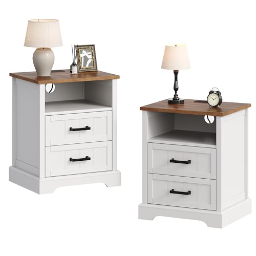 ChooChoo Farmhouse Night Stands with Charging Station Wood Nightstand Set of 2 with 2 Drawers Bedside Table with Open Storage Shelf for Bedroom White