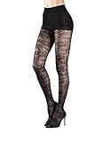 Badgley Mischka Luxury Fashion Micro Net Tights with Rose Lace Floral Pattern & Control Top, Black