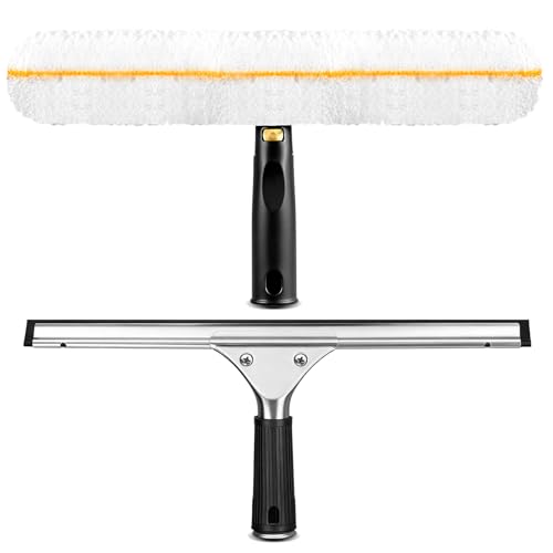 Professional Window Cleaning Squeegee Kit- 14" Squeegee & Microfiber Rotatable Window Scrubber,All-Purpose Tile Shower Walls Window Glass Car Windshield Mirrors,Reusable Microfiber Sleeve