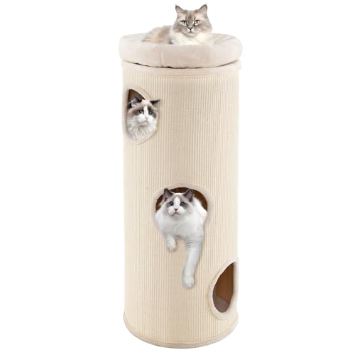 Tangkula 4 Story Cat Tree Condo, 49” Barrel-Shaped Cat House with Detachable Sisal Scratching Board, 3 Hideaways & Removable Soft Top Plush Bed, Interior Bamboo Mat, Modern Cat Tower for Indoor Cats
