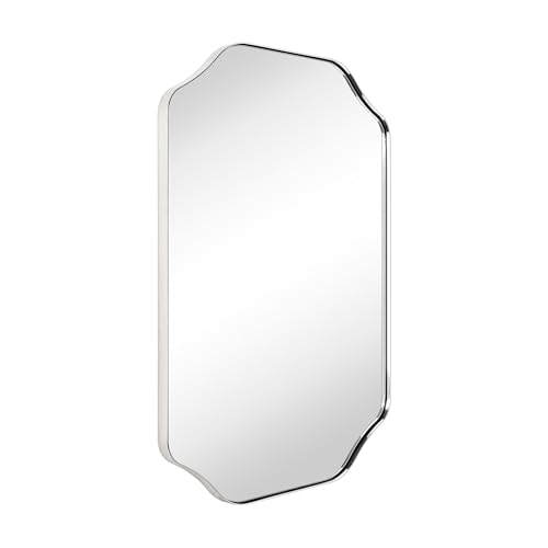 Image of TEHOME Polished Nickel Scalloped Bathroom Mirror, 32x24'' Polished Silver Asymmetrical Bathroom Vanity Mirror for Wall