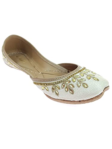 Image of Fulkari Women's Dolli Gold Genuine Soft Leather Embroidered Jutis | Bite and Pinch Free Jutti | Punjabi Formal Juttis | Girl's Wedding Flat Ladies Mojari | Formal Ethnic Juti |