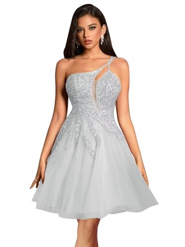 MYDRESS Beaded Tulle Homecoming Dresses 2025 Asymmetrical Neck One Shoulder A Line Short Prom Dresses with Pockets