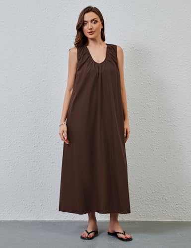 Image of MISSACTIVER Women's Sleeveless Maxi Dress Scoop Neck Ruched Long Dress with Side Pockets Wide Shoulder Elegant Blouse Dresses