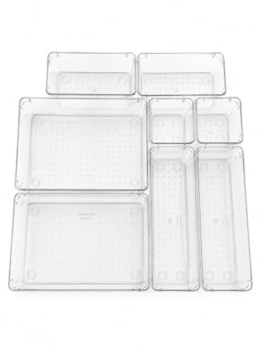 Kit Organizador de Gavetas Transparente com 8 Peças Modular para Cozinha, Banheiro, Escritório, Maquiagem e Organização de Armários