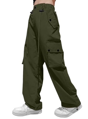 Image of HENGAO Girls Cargo Pants Parachute Casual Jogger Y2K 5-14 Years | Kids Baggy pants Parachute, Drawstring, with Pockets, Elastic High Waist, Loose Trousers Streetwear