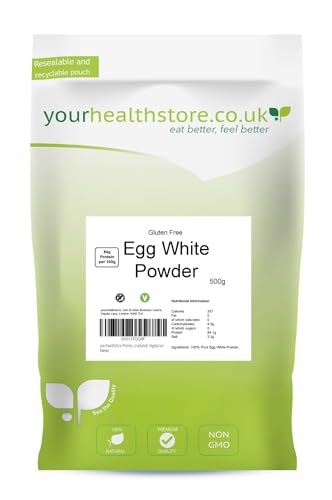 yourhealthstore Premium Egg White Powder 500g, Free Range, High in Protein, No Additives, Not Irradiated, Vegetarian, Non GMO Gluten Free 100% Pure.