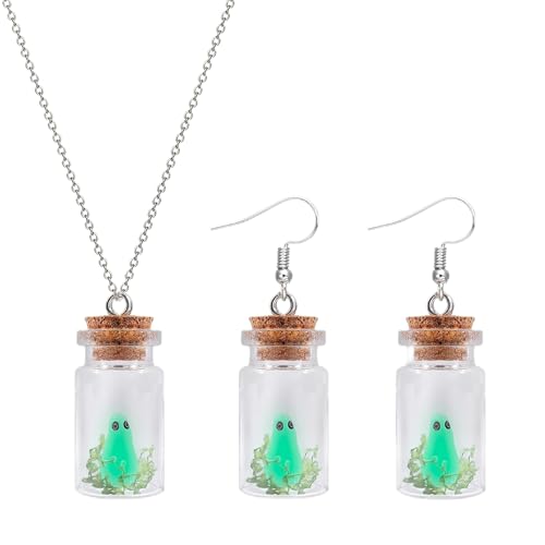 Adopt A Ghost Necklace Glow in The Dark Halloween Ghost Earrings Spooky Charm Pendant Necklaces Halloween Costums Party Jewelry for Women Men