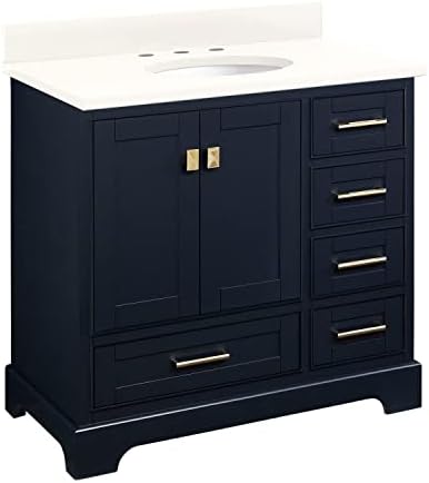 Signature Hardware 483413 Quen 36" Free Standing Single Basin Vanity Set with Cabinet, Vanity Top, and Undermount Sink - 3 Faucet Holes - Midnight Navy Blue/Arctic White Quartz