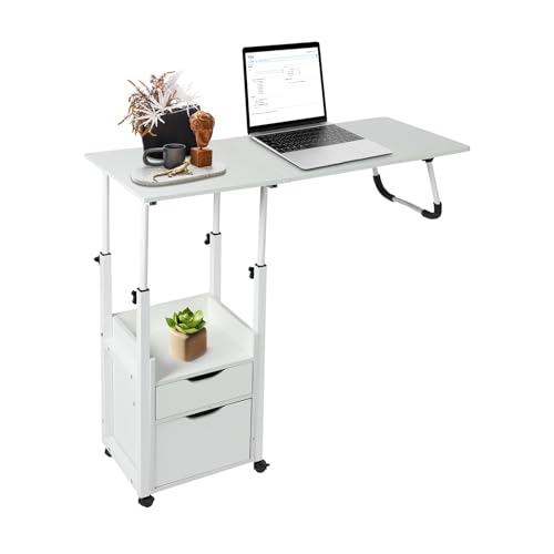 SuhoFutus Betttisch mit Rollen und Bremse Mit Schließfächern und Schubladen Laptoptisch und klappbar Beistelltisch für Bett und Sofa 70-88cm Höhenverstellbar Gesamtbelastbarkeit 20kg (Weiß)