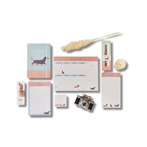 Cute Creations Dog Lovers Stationery Gift Set, 7 Piece Collection, A4/A5 Size, Includes Notebook, Planner, Notepad, Pen, Sticky Notes (Dachshund Gift Set)