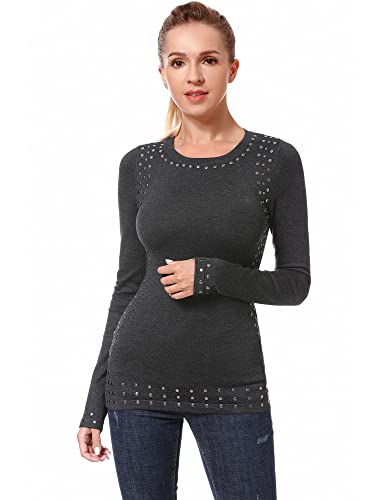 AmélieBoutik Women Crew Neck Studs Trim Embellished Long Sleeve Sweater2