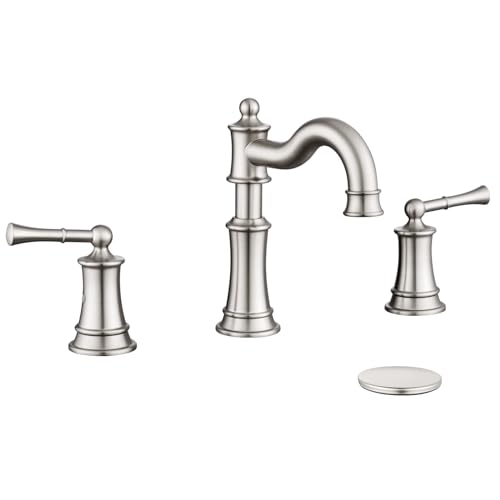 NAUKWAN Roman Bathroom-Sink-Faucet 3 Holes, Rotated Spout Vanity Basin Faucets 2 Handles 8 inches Widespread Deck Mount Brass Faucet for Sink with Overflow Pop Up Drain Brushed Nickel NL2204-BN