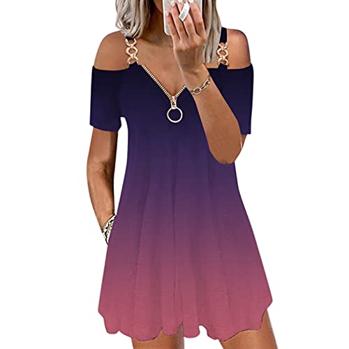 OutTop01 Summer Dress for Women Cold Shoulder Beach Casual Strap Open Back V-Neck Short Sleeve Dresses Boho Zipper Sundress (#02-Pink, XXL)