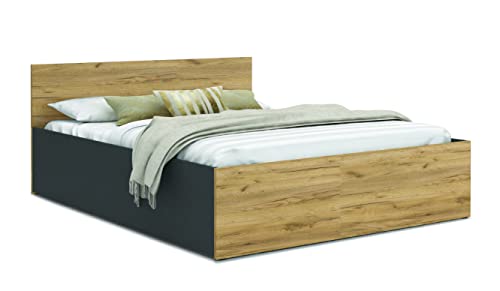 FurnitureByJDM Bett 120x200 mit Stauraum – Doppelbett mit Bettkasten und aufklappbarem Lattenrost – Modernes Stauraumbett mit Liftfunktion (Grau/Eiche Craft)