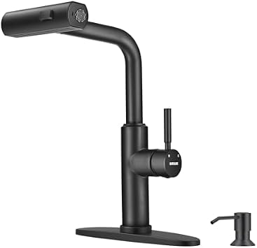WEWE Waterfall Kitchen Faucet with Pull Down Sprayer, Black Kitchen Faucet with 3 Modes with Built in Soap Dispenser for Kitchen Sink WEWE