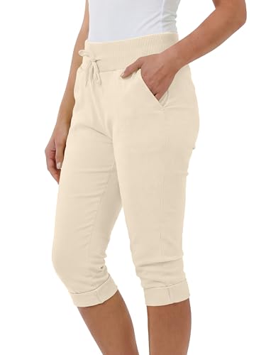 Love My Fashions® Plain Shorts for Women 3/4 Italian Magic Shorts Soft & Stretchy Knee Length Capri Cropped Trousers Elastic Waist Drawstring with Side Pockets Casual Summer Wear Cream