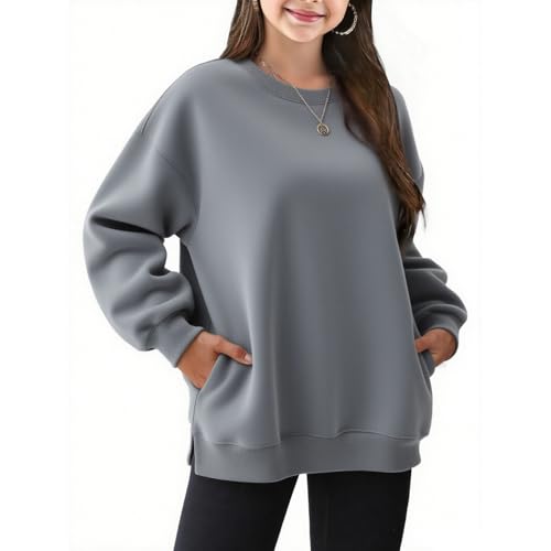 Girls Fashion Sweatshirt Solid Color Crew Neck Pullover Casual Fall Winter Top with Front Pocket