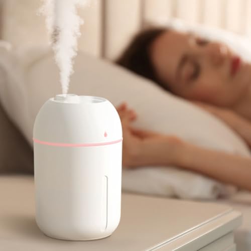 加湿器 卓上 大容量 小型 省エネ 静音 上から給水 スタイリッシュ 330ml LEDライト USB充電式 空焚き防止 噴霧器 長時間加湿タイプ 水タンク リビング 玄関 トイレ (ホワイト)