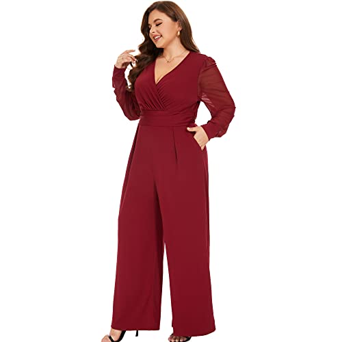 Tanmolo Formal Jumpsuits For Women Plus Size Deep V-Neck Holiday Romper Womens Jumpsuits With Pockets,Burgundy 1Xl #TOP1